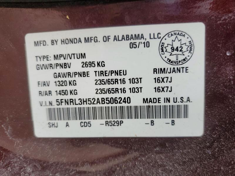 Продаж на аукціоні авто 2010 Honda Odyssey, vin: 5FNRL3H52AB506240, номер лоту: 51397576