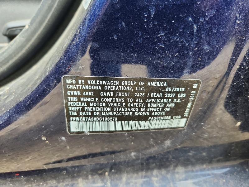 Продажа на аукционе авто 2013 Volkswagen Passat, vin: 1VWCN7A38DC138273, номер лота: 52463946