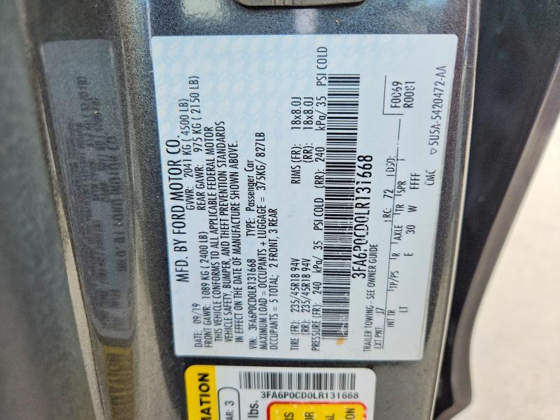 Aukcja sprzedaży 2020 Ford Fusion, vin: 3FA6P0CD0LR131668, numer aukcji: 54012096