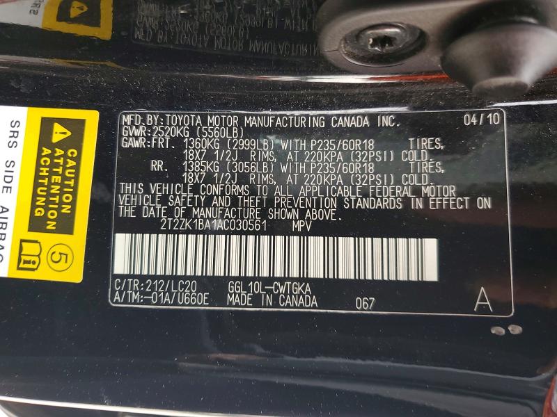 52840736 :رقم المزاد ، 2T2ZK1BA1AC030561 vin ، 2010 Lexus Rx مزاد بيع