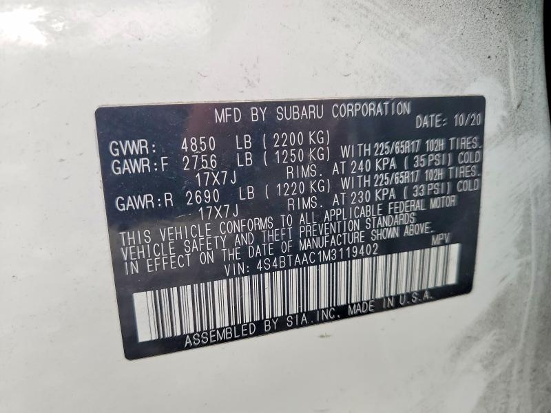 55170886 :رقم المزاد ، 4S4BTAAC1M3119402 vin ، 2021 Subaru Outback مزاد بيع