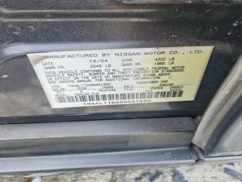 2005 Nissan Altima მანქანა იყიდება აუქციონზე, vin: 1N4AL11D45N451550, აუქციონის ნომერი: 52718966