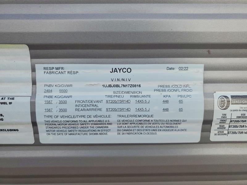 53755406 :رقم المزاد ، 1UJBJ0BL7N17Z0816 vin ، 2022 Jayflight Recreational Vehicle (rv) مزاد بيع