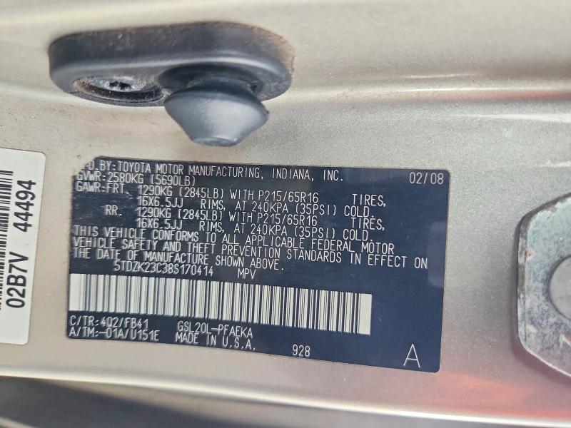 Aukcja sprzedaży 2008 Toyota Sienna, vin: 5TDZK23C38S170414, numer aukcji: 53788446