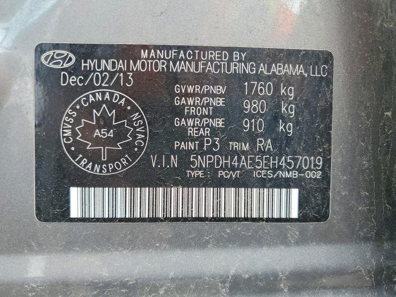 2014 Hyundai Elantra მანქანა იყიდება აუქციონზე, vin: 5NPDH4AE5EH457019, აუქციონის ნომერი: 54062996
