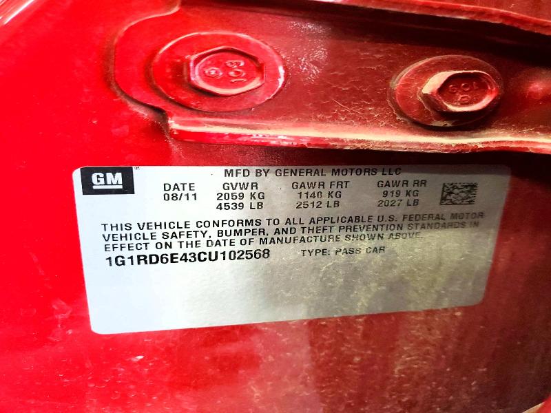 Aukcja sprzedaży 2012 Chevrolet Volt, vin: 1G1RD6E43CU102568, numer aukcji: 54292936