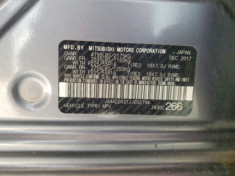 2018 Mitsubishi Outlander მანქანა იყიდება აუქციონზე, vin: JA4AD2A31JJ002794, აუქციონის ნომერი: 53959856