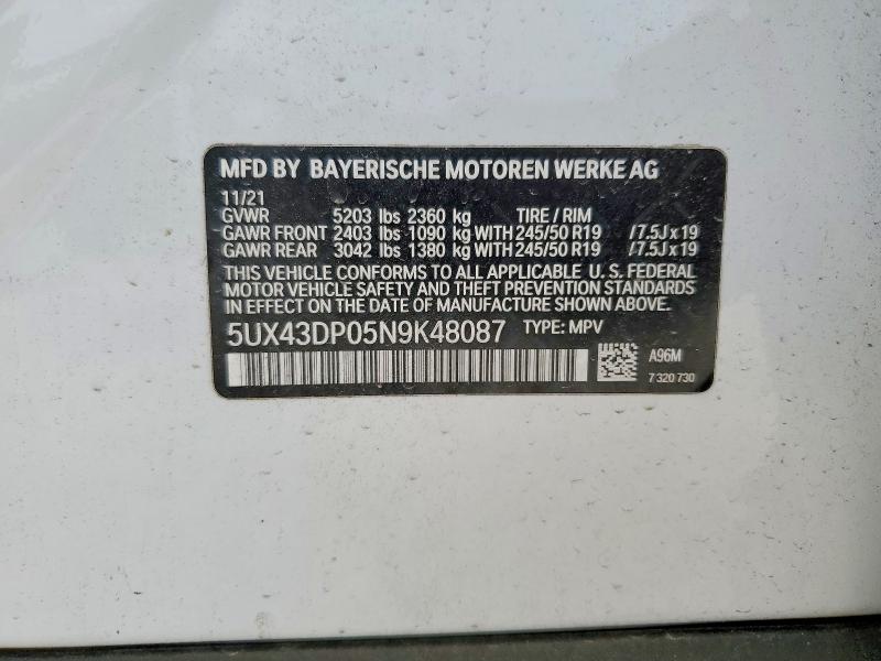 2022 Bmw X3 მანქანა იყიდება აუქციონზე, vin: 5UX43DP05N9K48087, აუქციონის ნომერი: 52310756
