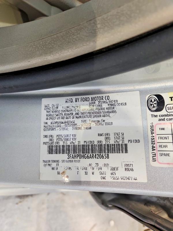 2010 Ford Fusion მანქანა იყიდება აუქციონზე, vin: 3FAHP0HG6AR420658, აუქციონის ნომერი: 55168536