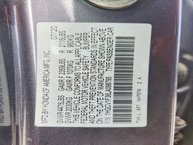 2020 Honda Accord მანქანა იყიდება აუქციონზე, vin: 1HGCV1F36LA098795, აუქციონის ნომერი: 54262116