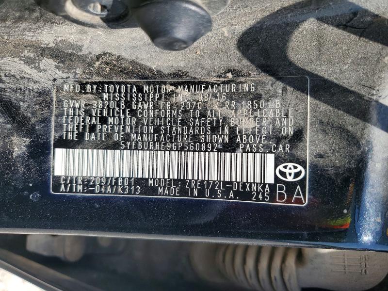 Aukcja sprzedaży 2016 Toyota Corolla, vin: 5YFBURHE9GP560892, numer aukcji: 53760376