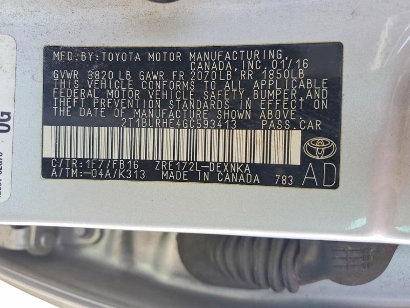 2016 Toyota Corolla მანქანა იყიდება აუქციონზე, vin: 2T1BURHE4GC593413, აუქციონის ნომერი: 53609296
