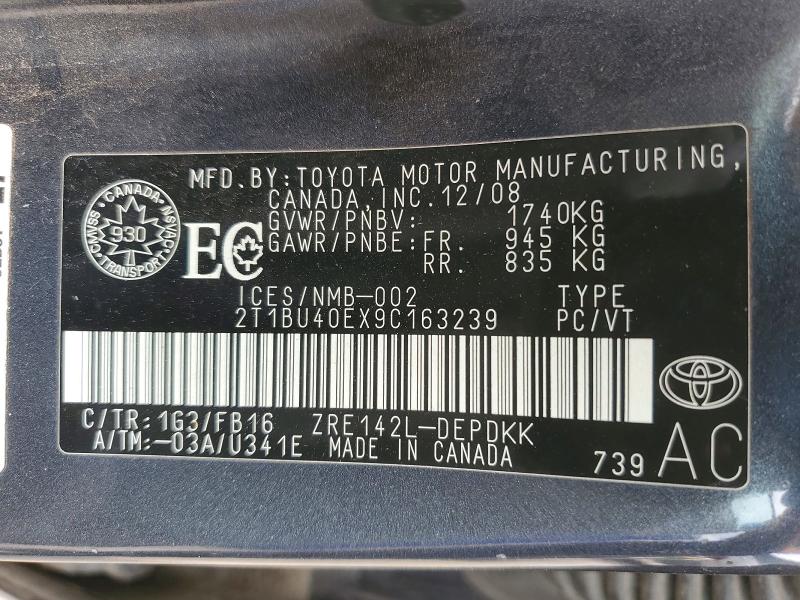 54115816 :رقم المزاد ، 2T1BU40EX9C163239 vin ، 2009 Toyota Corolla مزاد بيع
