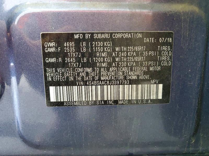2018 Subaru Outback მანქანა იყიდება აუქციონზე, vin: 4S4BSAAC8J3397793, აუქციონის ნომერი: 52388606