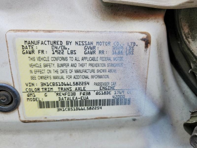 Auction sale of the 2006 Nissan Sentra, vin: 3N1CB51D66L582254, lot number: 52353406
