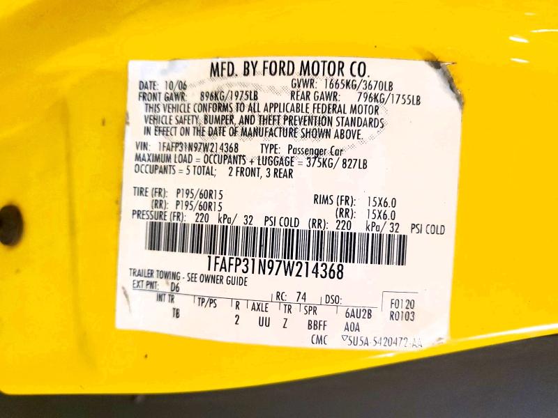 2007 Ford Focus მანქანა იყიდება აუქციონზე, vin: 1FAFP31N97W214368, აუქციონის ნომერი: 53667656