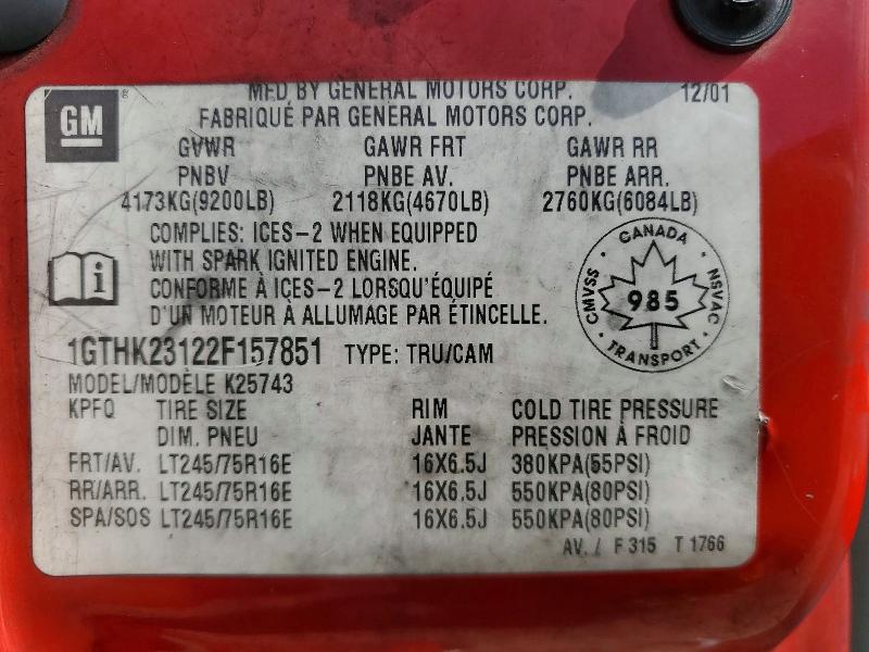 2002 Gmc Sierra მანქანა იყიდება აუქციონზე, vin: 1GTHK23122F157851, აუქციონის ნომერი: 53208246