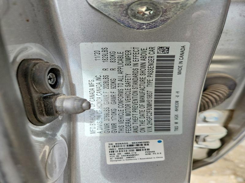54613156 :رقم المزاد ، 2HGFC2F80MH519837 vin ، 2021 Honda Civic مزاد بيع