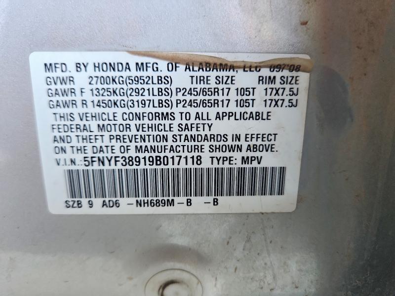 Продажа на аукционе авто 2009 Honda Pilot, vin: 5FNYF38919B017118, номер лота: 52944606