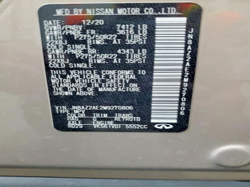 Aukcja sprzedaży 2021 Infiniti Qx80, vin: JN8AZ2AE2M9270806, numer aukcji: 54771046