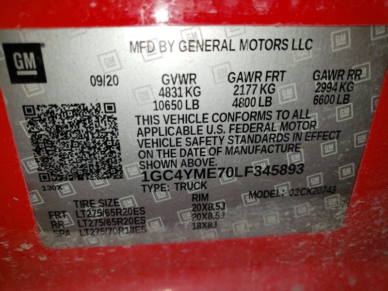 2020 Chevrolet Silverado მანქანა იყიდება აუქციონზე, vin: 1GC4YME70LF345893, აუქციონის ნომერი: 54880376