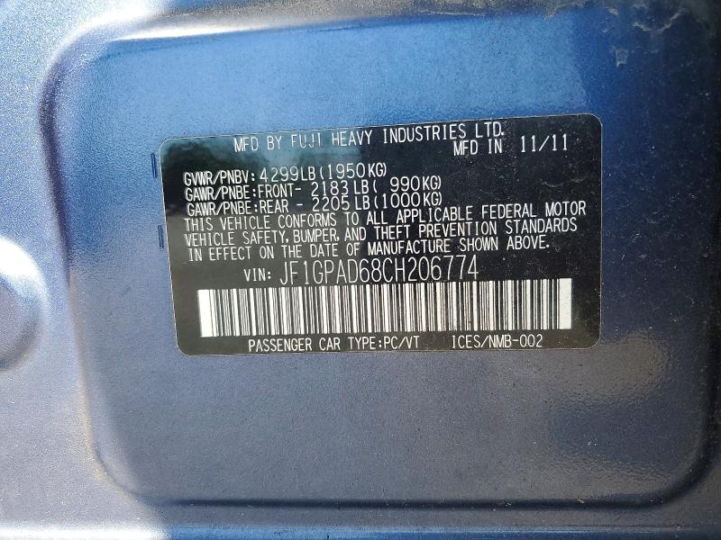 Aukcja sprzedaży 2012 Subaru Impreza, vin: JF1GPAD68CH206774, numer aukcji: 54842956
