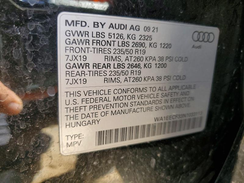 Aukcja sprzedaży 2022 Audi Q3, vin: WA1EECF33N1033113, numer aukcji: 55134536