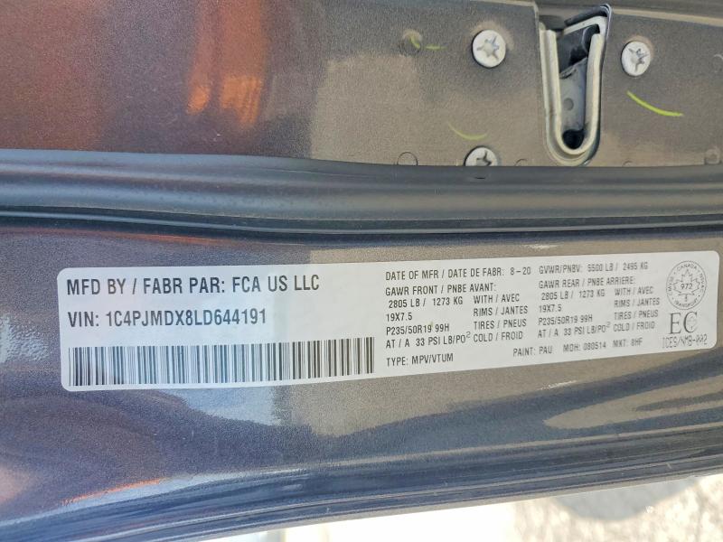 Auction sale of the 2020 Jeep Cherokee, vin: 1C4PJMDX8LD644191, lot number: 53396126