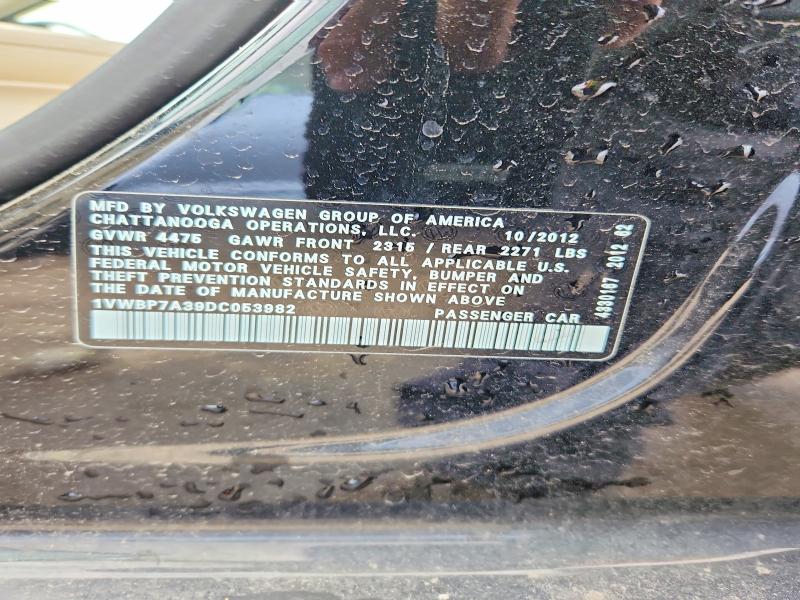 52905286 :رقم المزاد ، 1VWBP7A39DC053982 vin ، 2013 Volkswagen Passat مزاد بيع