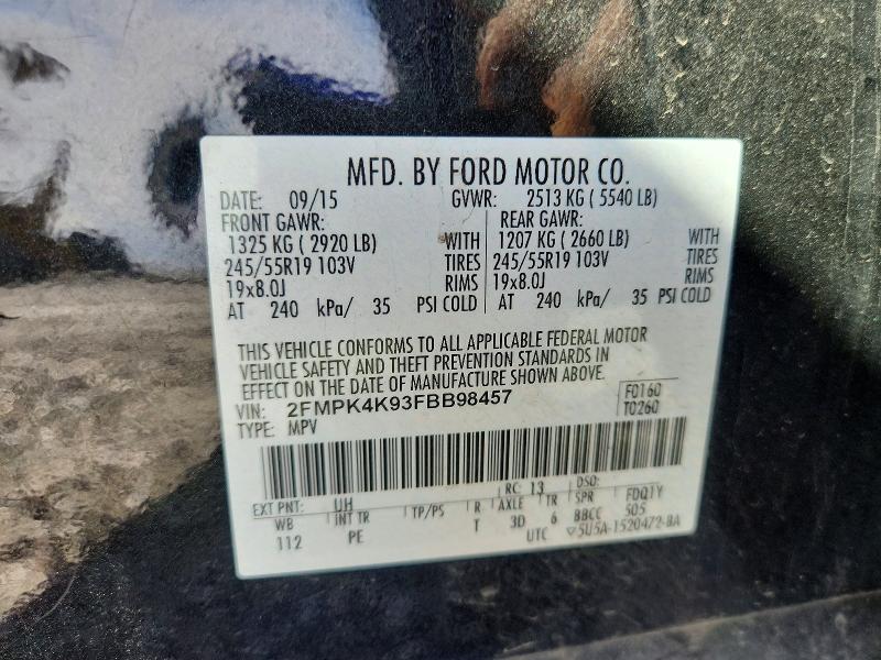 53578996 :رقم المزاد ، 2FMPK4K93FBB98457 vin ، 2015 Ford Edge مزاد بيع