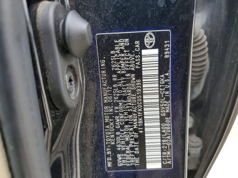 Aukcja sprzedaży 2012 Toyota Camry, vin: 4T1BK1FK0CU519396, numer aukcji: 54183806