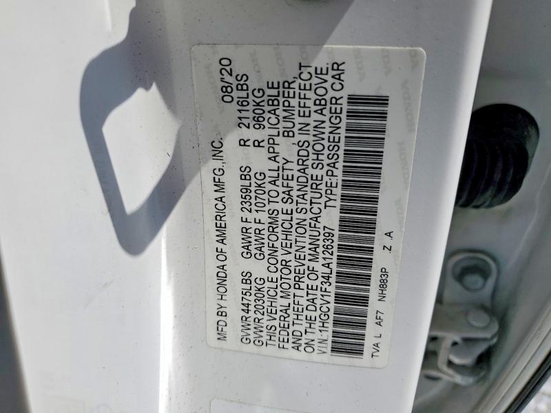 Aukcja sprzedaży 2020 Honda Accord, vin: 1HGCV1F34LA126397, numer aukcji: 47785516