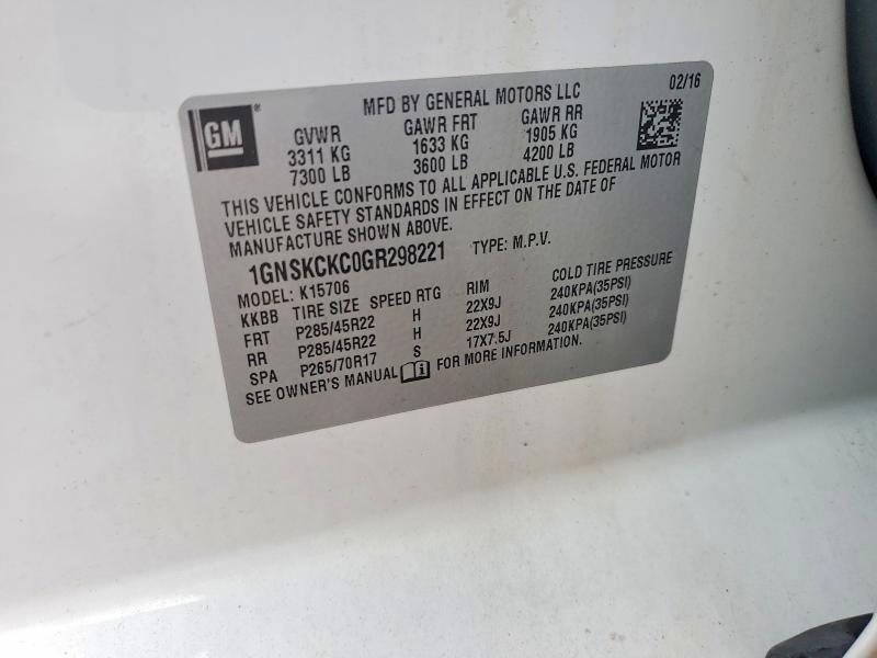 2016 Chevrolet Tahoe მანქანა იყიდება აუქციონზე, vin: 1GNSKCKC0GR298221, აუქციონის ნომერი: 52579496
