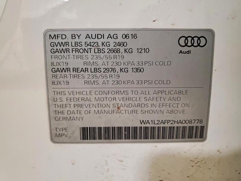2017 Audi Q5 მანქანა იყიდება აუქციონზე, vin: WA1L2AFP2HA008778, აუქციონის ნომერი: 54062476