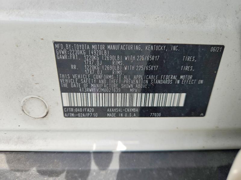 53100776 :رقم المزاد ، 4T3RWRFV2MU021639 vin ، 2021 Toyota Rav4 مزاد بيع