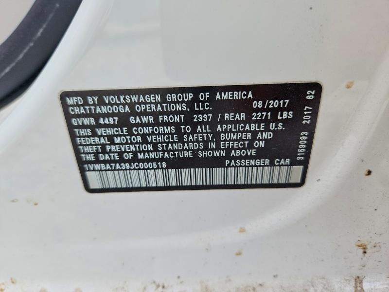52033376 :رقم المزاد ، 1VWBA7A39JC000518 vin ، 2018 Volkswagen Passat مزاد بيع