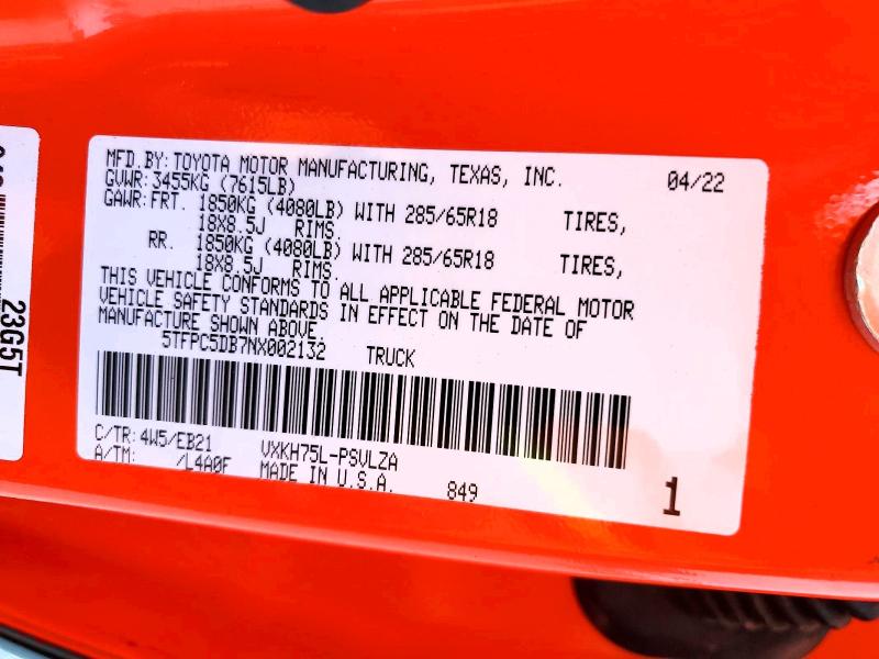 Aukcja sprzedaży 2022 Toyota Tundra, vin: 5TFPC5DB7NX002132, numer aukcji: 55163386
