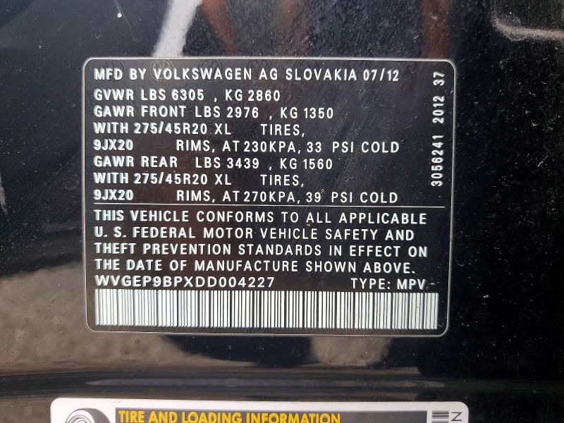 54597996 :رقم المزاد ، WVGEP9BPXDD004227 vin ، 2013 Volkswagen Touareg مزاد بيع