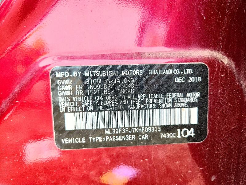 53941756 :رقم المزاد ، ML32F3FJ7KHF09313 vin ، 2019 Mitsubishi Mirage مزاد بيع