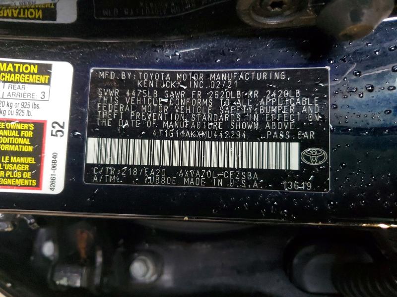 Продажа на аукционе авто 2021 Toyota Camry, vin: 4T1G11AKXMU442294, номер лота: 52243036