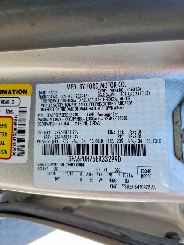 2014 Ford Fusion მანქანა იყიდება აუქციონზე, vin: 3FA6P0H75ER332990, აუქციონის ნომერი: 54995036