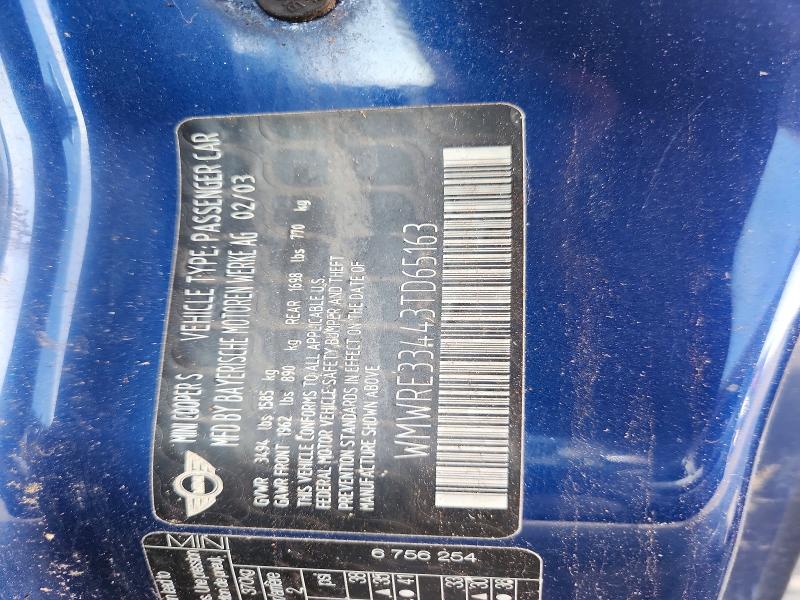2003 Mini Cooper მანქანა იყიდება აუქციონზე, vin: WMWRE33443TD65163, აუქციონის ნომერი: 54907916