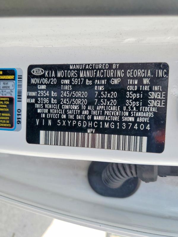 2021 Kia Telluride მანქანა იყიდება აუქციონზე, vin: 5XYP6DHC1MG137404, აუქციონის ნომერი: 52357526