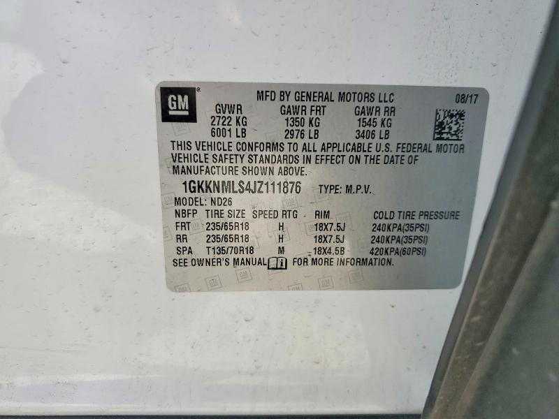 Aukcja sprzedaży 2018 Gmc Acadia, vin: 1GKKNMLS4JZ111876, numer aukcji: 54016286