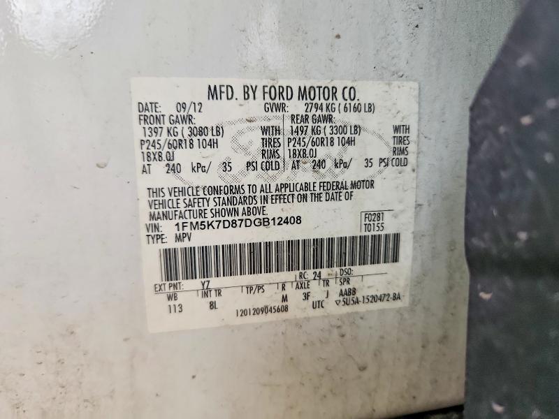 2013 Ford Explorer მანქანა იყიდება აუქციონზე, vin: 1FM5K7D87DGB12408, აუქციონის ნომერი: 54494616