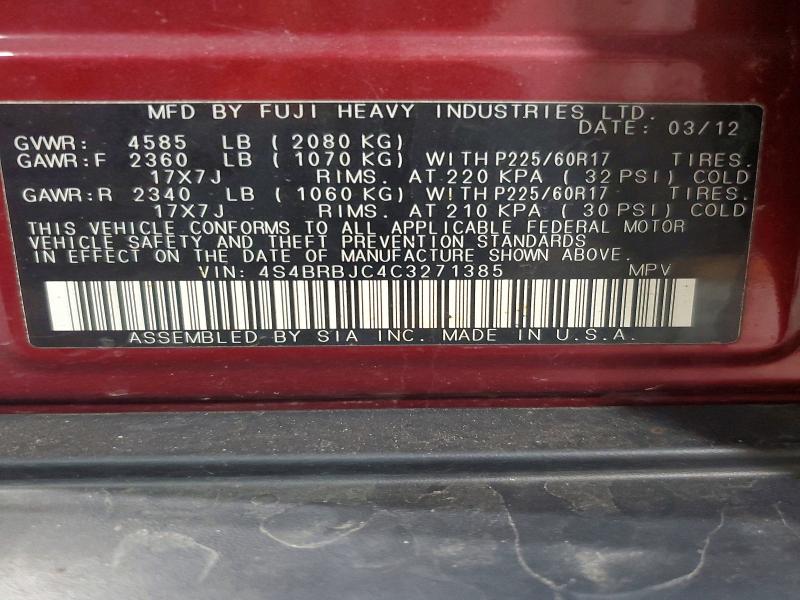 52374436 :رقم المزاد ، 4S4BRBJC4C3271385 vin ، 2012 Subaru Outback مزاد بيع