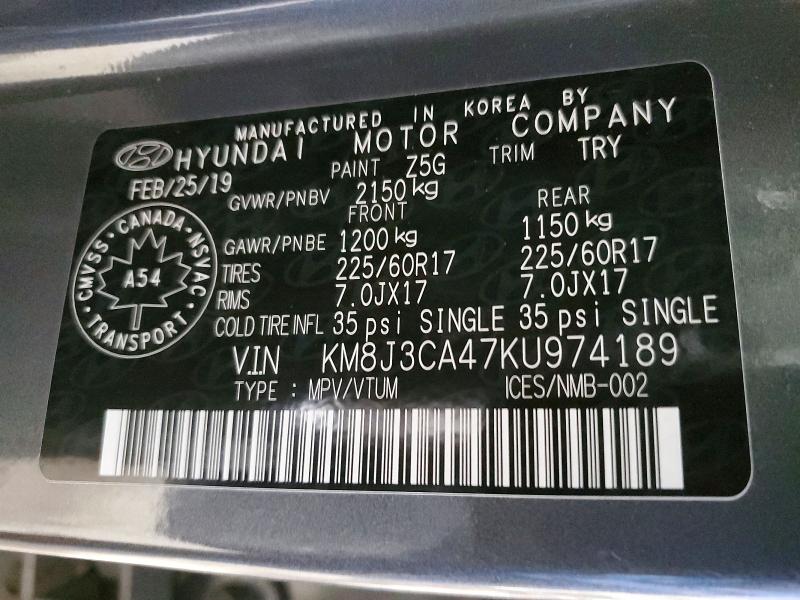 55040066 :رقم المزاد ، KM8J3CA47KU974189 vin ، 2019 Hyundai Tucson مزاد بيع
