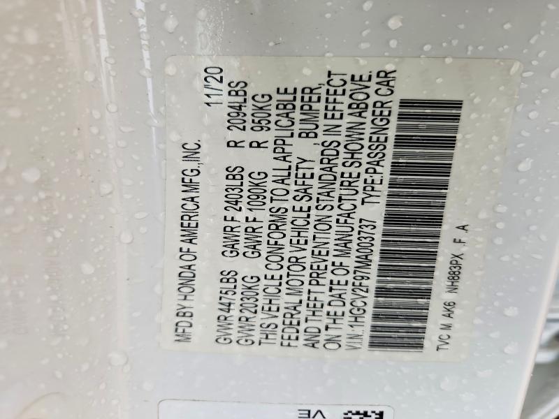 Aukcja sprzedaży 2021 Honda Accord, vin: 1HGCV2F97MA003737, numer aukcji: 52601196