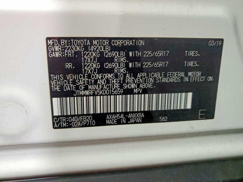 2019 Toyota Rav4 მანქანა იყიდება აუქციონზე, vin: JTMMWRFV5KD015659, აუქციონის ნომერი: 53276006