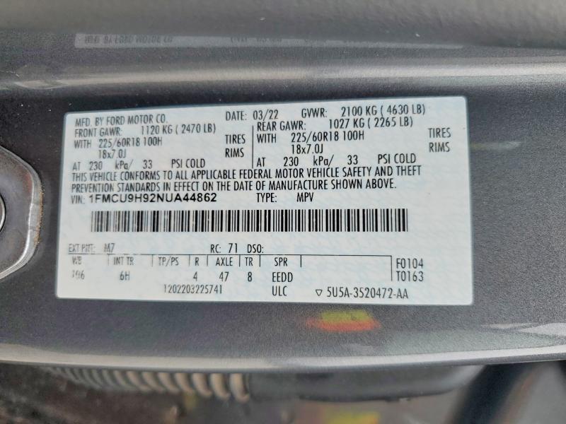 Продажа на аукционе авто 2022 Ford Escape, vin: 1FMCU9H92NUA44862, номер лота: 52759526